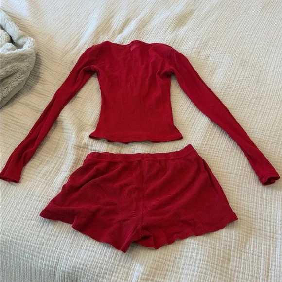 Skims Waffle Henley Short and Long Sleeve Pajama Set Sz s in brick - Picture 4 of 4